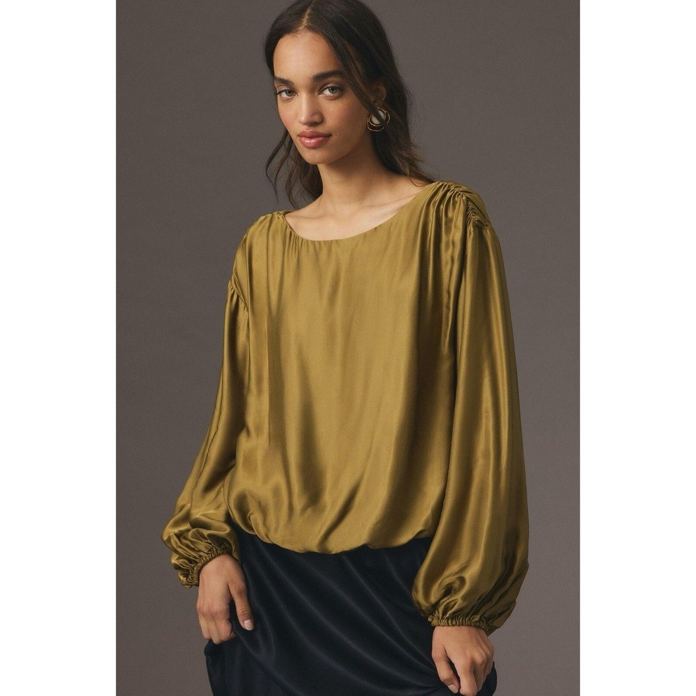 Anthropologie Blouse Women Medium Olive Green Balloon Sleeve Satin Bubble Hem